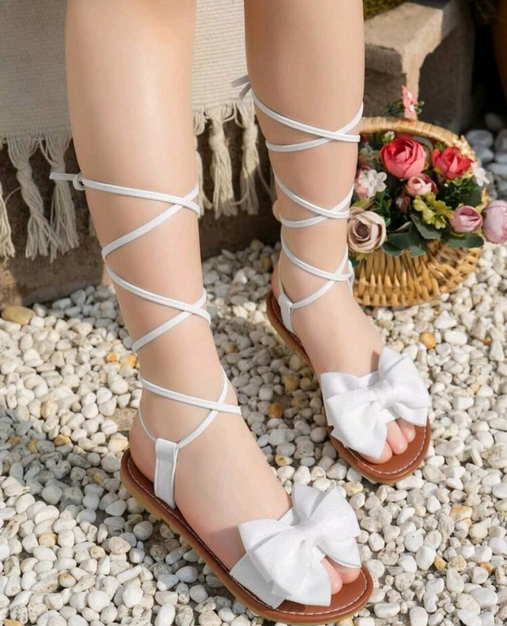 shoes white long SHEIN KIDS BABY GIRL SHOES LONG STRAP LACES SANDEL SIZE 24 - Image 1