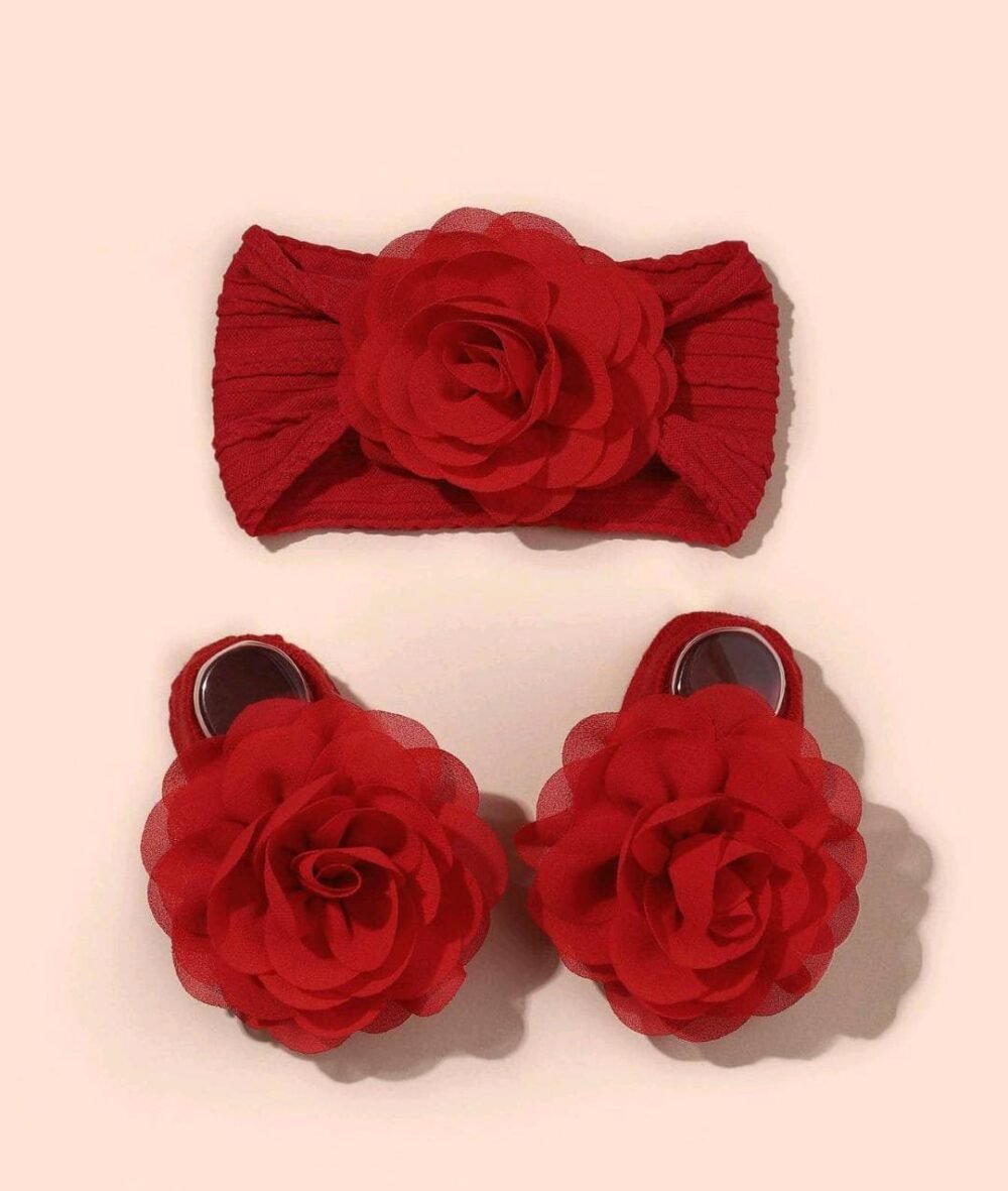 1pc  set Baby Solid Color flower Headband + 1 Pair Baby Anti-Slip Floor Socks/Toddler Boat Socks - Image 1