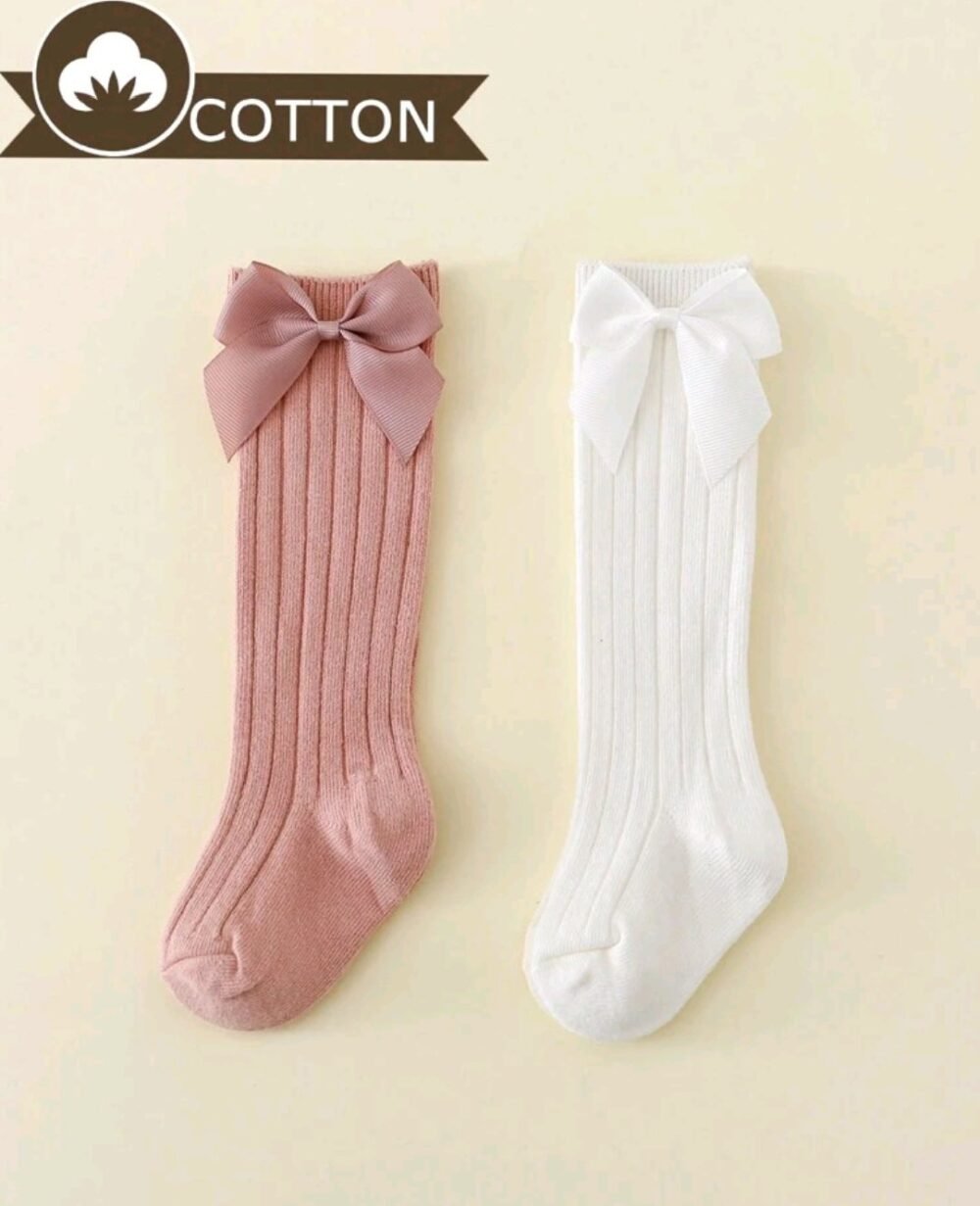 2 Pairs Baby Girls' Bowknot Princess Style Solid Color Mid-Calf Socks set 2-7 yr - Image 2