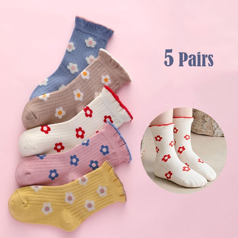 2026/07/1000074008.jpg 5 Pairs Kids Socks Children's Baby Girl Cotton Flower Sock Soft Breathable Socks1-4 yr - Image 1