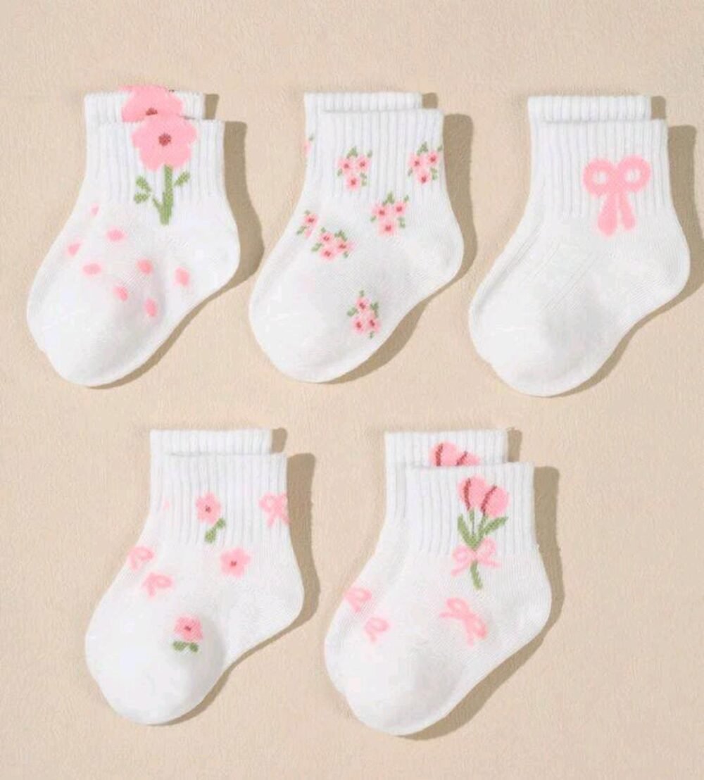 5 Pairs Baby Bow, Polka Dot, Lace Mid-Calf Elastic Socks, White, Autumn/Winter1-3 yr - Image 1