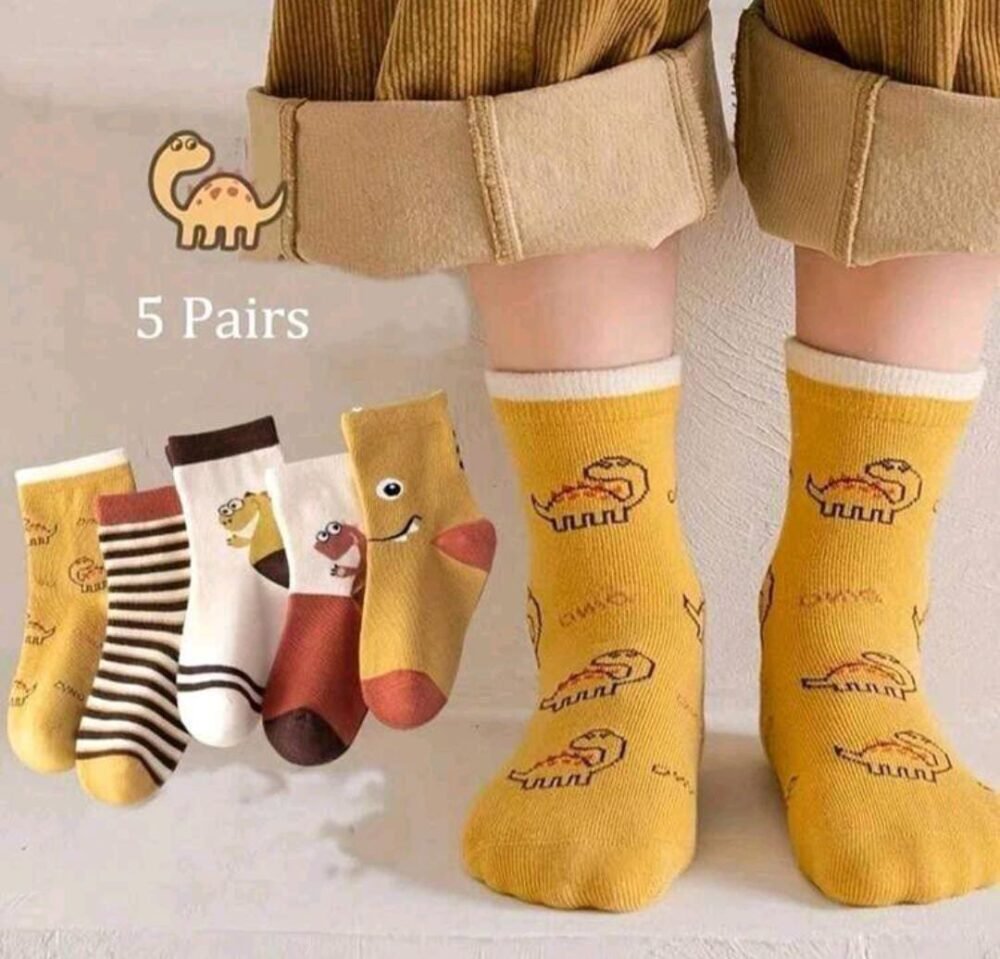 2026/07/1000074038.jpg 5Pairs Kids/Youth Cotton Breathable Cute Colorful Dinosaur & Dragon Pattern Mid-Calf Sports Socks2-7 yr - Image 1