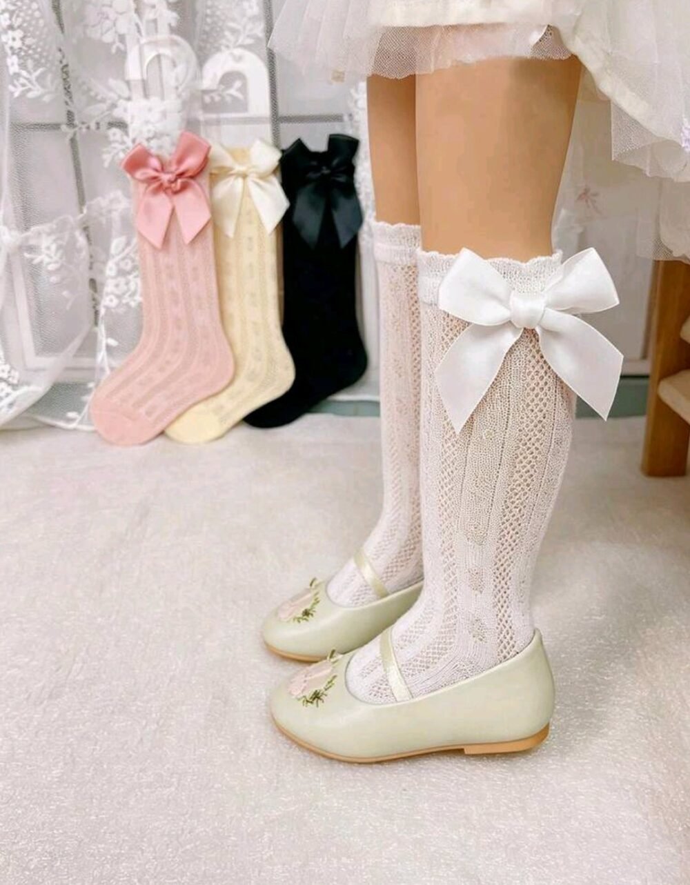 4pairs Girls Bowknot Mesh Jacquard Anti-Mosquito Socks, Sweet & Lovely, Suitable For Spring And Summer Outdoor Activities - Image 1