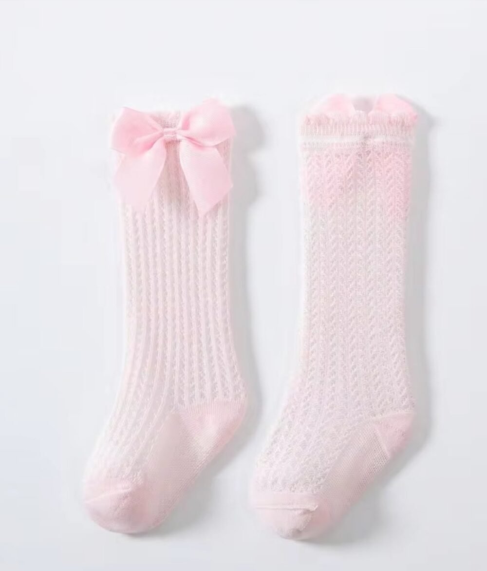 1 Pair Baby Girls' Sweet Cute Lace Bow Decor Cotton Mesh High Socks, Spring/Summer - Image 3
