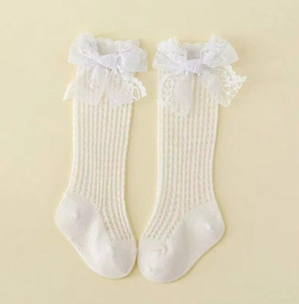 1 Pair Baby Girls' Sweet Cute Lace Bow Decor Cotton Mesh High Socks, Spring/Summer - Image 2