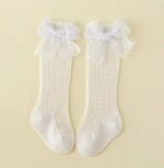 1 Pair Baby Girls' Sweet Cute Lace Bow Decor Cotton Mesh High Socks, Spring/Summer - Image 2