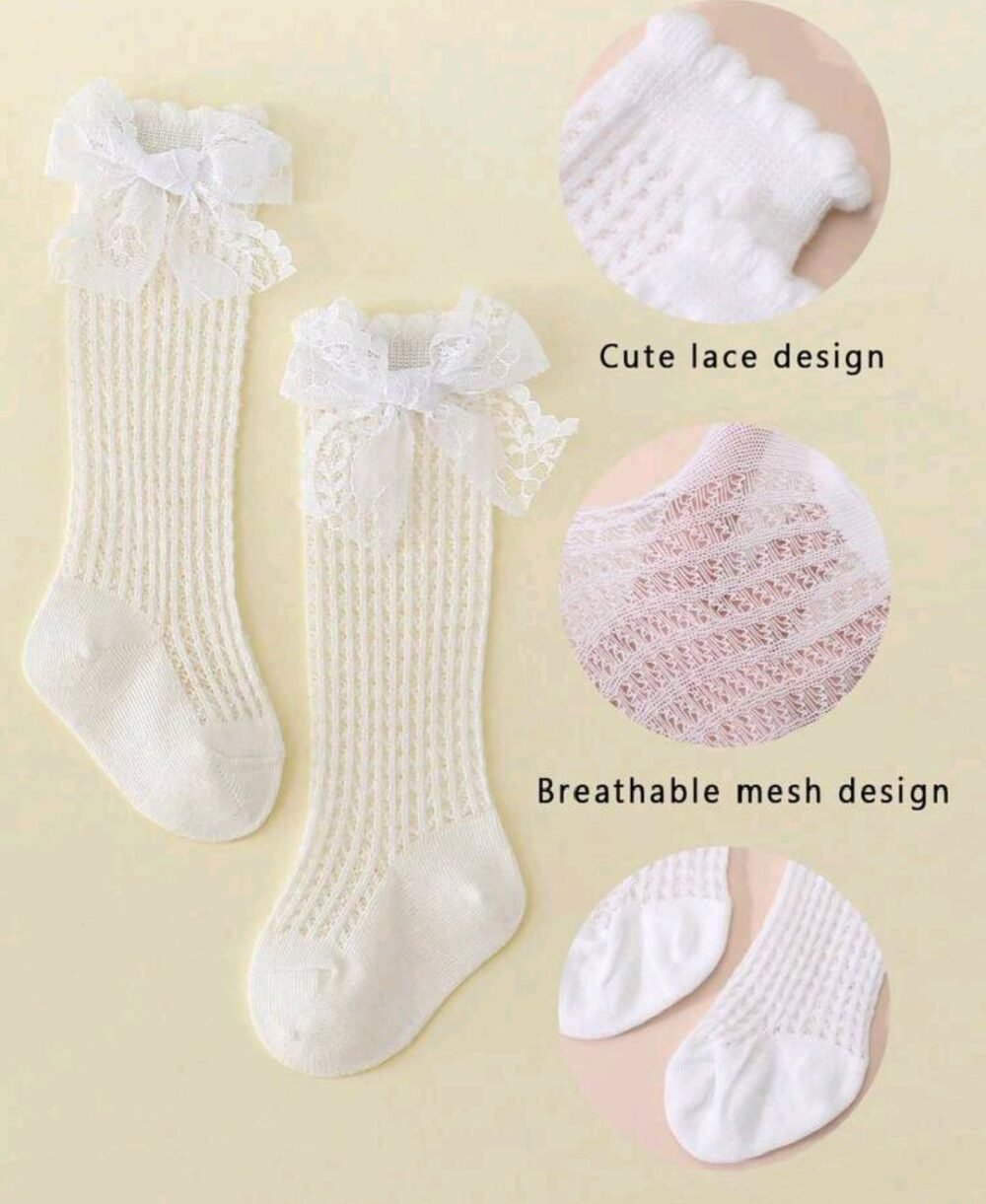1 Pair Baby Girls' Sweet Cute Lace Bow Decor Cotton Mesh High Socks, Spring/Summer - Image 4