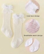 1 Pair Baby Girls' Sweet Cute Lace Bow Decor Cotton Mesh High Socks, Spring/Summer - Image 4