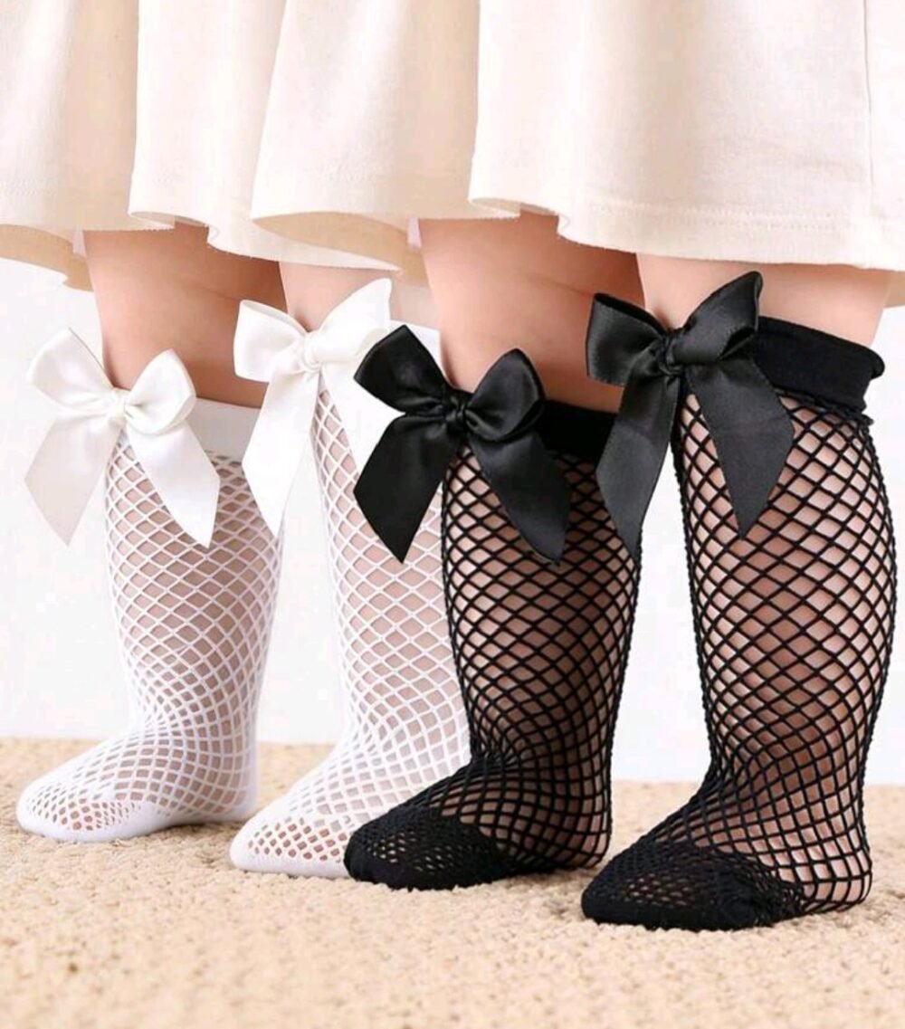 Baby Girls' Cute Bow Fishnet Socks, Elastic Breathable Mesh Mid-Calf Socks, Suitable For Summer - Image 1