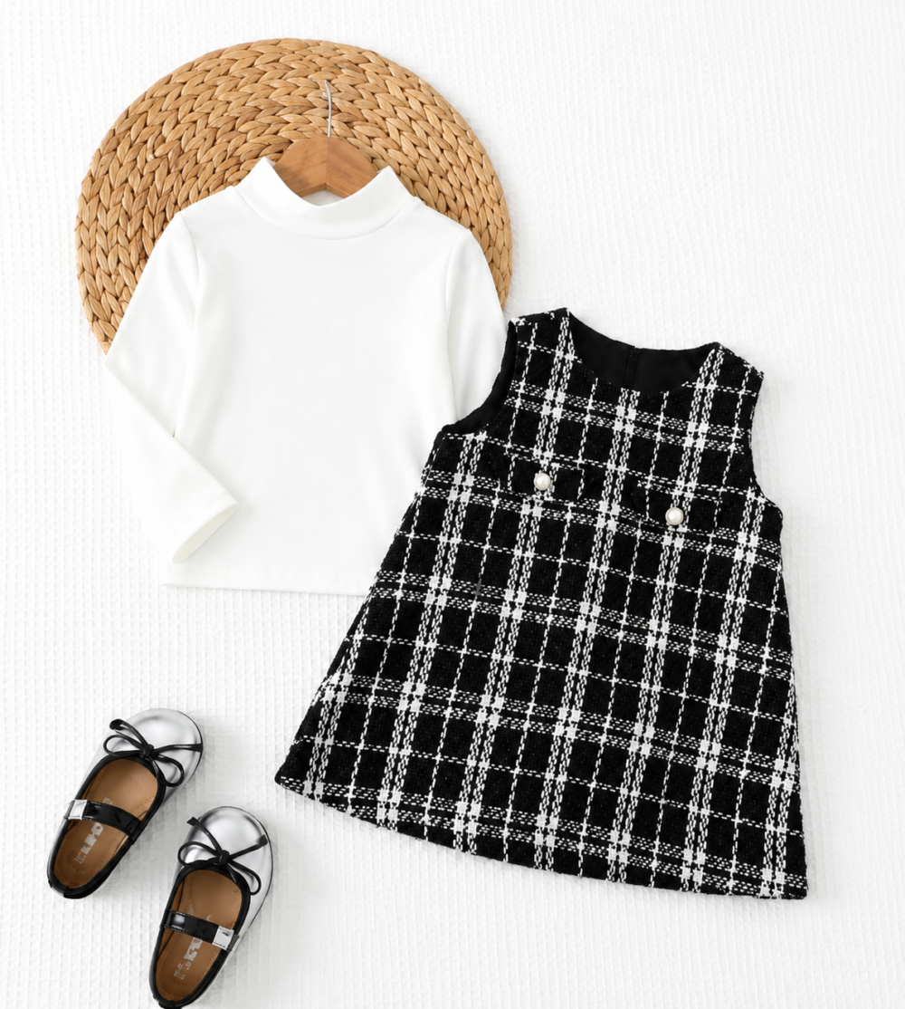 2026/07/1000076898.png Elegant black & white tweed dress set with a soft white top. Perfect for a classy and adorable look
2-3 year - Image 1