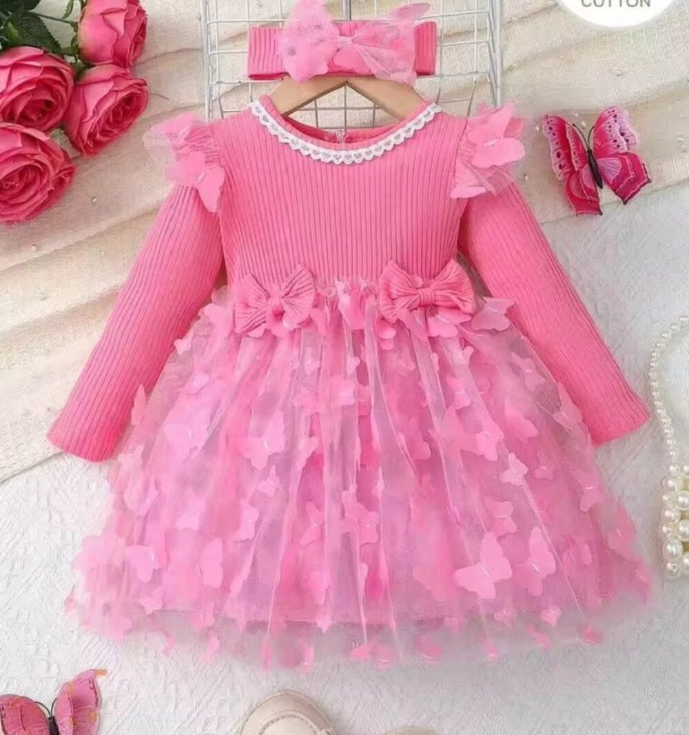 2pcs Baby Girls Pink Long Sleeve Round Neck Ruffle Trim Mesh Contrast Princess Party Dress - Image 1