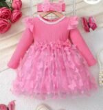 2pcs Baby Girls Pink Long Sleeve Round Neck Ruffle Trim Mesh Contrast Princess Party Dress