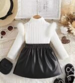 Baby Girl Cute Elegant Turtleneck Fluffy Trim Long Sleeve T-Shirt Top Paired With 3D Bow leather Pleated Skirt 2-Piece Set - Image 3