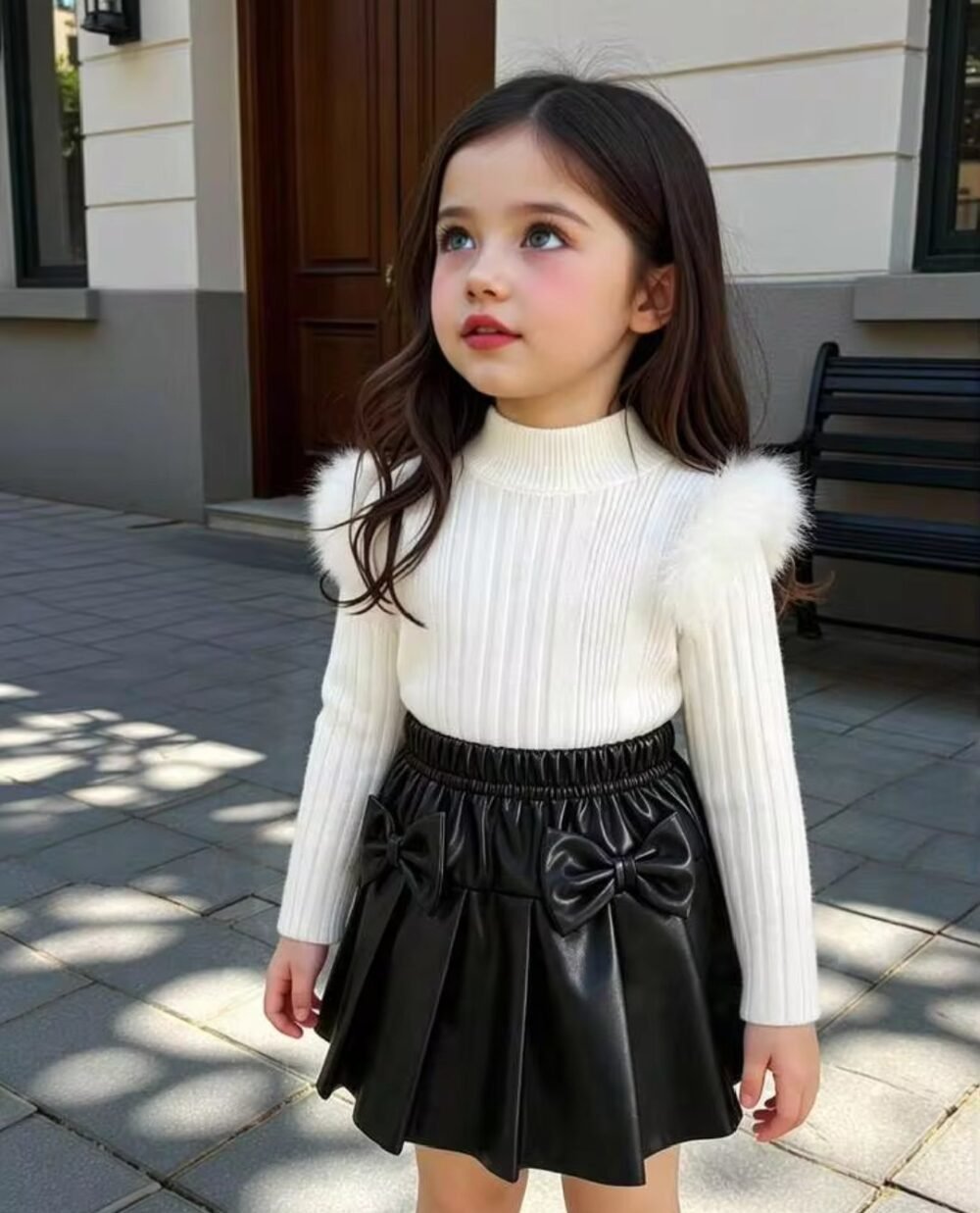 Baby Girl Cute Elegant Turtleneck Fluffy Trim Long Sleeve T-Shirt Top Paired With 3D Bow leather Pleated Skirt 2-Piece Set - Image 1