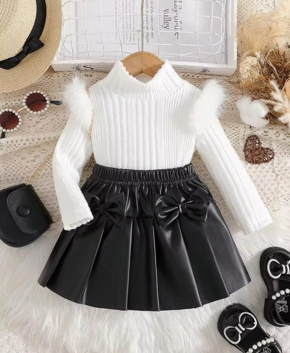 Baby Girl Cute Elegant Turtleneck Fluffy Trim Long Sleeve T-Shirt Top Paired With 3D Bow leather Pleated Skirt 2-Piece Set - Image 2
