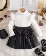 Baby Girl Cute Elegant Turtleneck Fluffy Trim Long Sleeve T-Shirt Top Paired With 3D Bow leather Pleated Skirt 2-Piece Set - Image 2