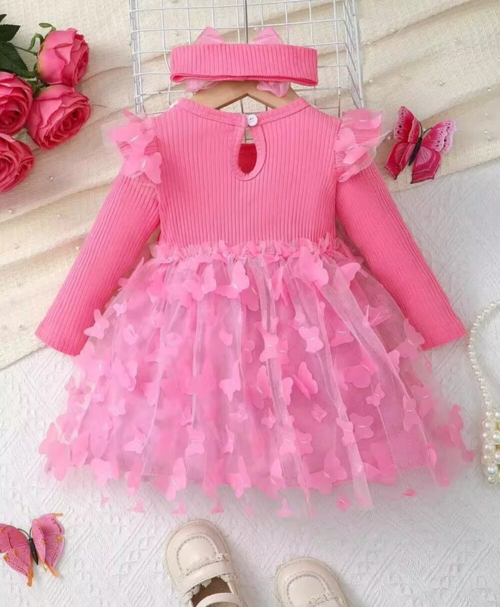 2pcs Baby Girls Pink Long Sleeve Round Neck Ruffle Trim Mesh Contrast Princess Party Dress - Image 2