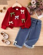 2pcs Baby Girl Casual Set, Includes Round Neck Long Sleeve Top With 3D Bow Decor And Elastic Waist Jeans