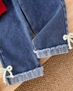 2pcs Baby Girl Casual Set, Includes Round Neck Long Sleeve Top With 3D Bow Decor And Elastic Waist Jeans - Image 2
