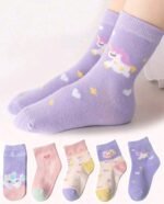 5 Pairs Kids Cartoon Cute Unicorn Pattern Girls Toddler Socks With Bow Decor, Versatile For Daily Casual Life 2-5 years