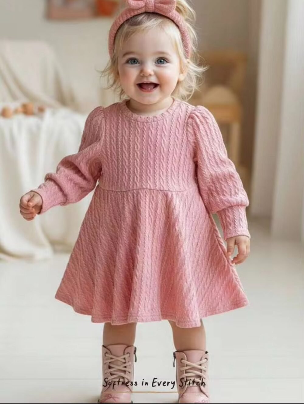 Baby Girls Elegant Casual School Style Long Sleeve Comfortable & Stylish Knit Long Sleeve Dress, Autumn/Winter - Image 1