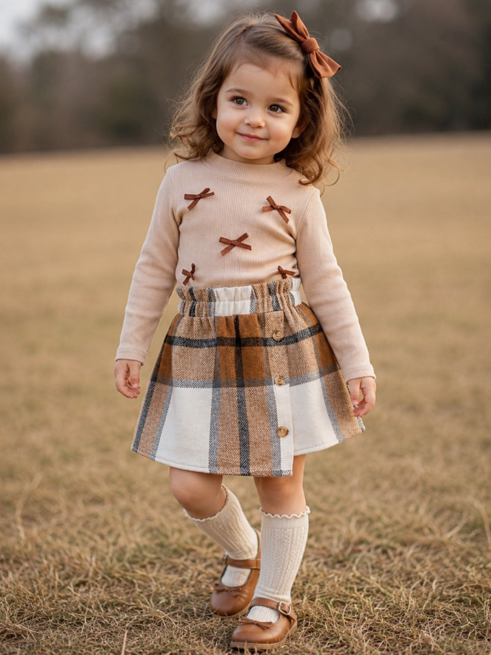 2 peice Baby girl Soft ribbed sweater with adorable bow details paired with a stylish plaid skirt - Image 1
