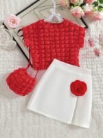 3-piece young girls' outfit featuring a red textured popcorn-bubble short-sleeve top, a white skirt accented with a 3D red rose applique, and a matching red crossbody bag - Image 2