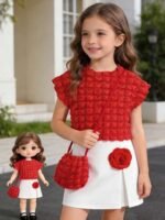 3-piece young girls' outfit featuring a red textured popcorn-bubble short-sleeve top, a white skirt accented with a 3D red rose applique, and a matching red crossbody bag