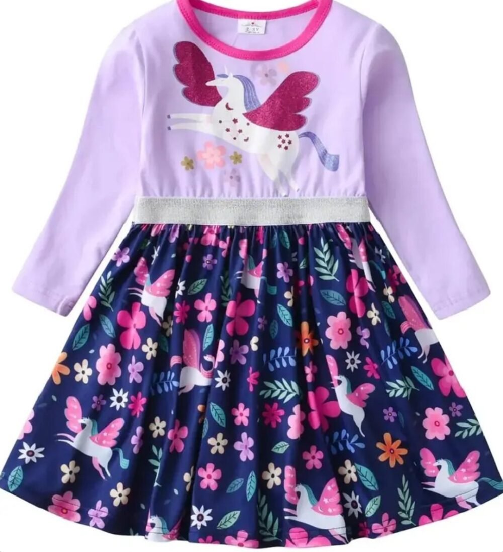 Baby girls' long-sleeve dress features a purple bodice with a winged unicorn graphic and a vibrant navy blue floral skirt patterned with flying unicorns - Image 1