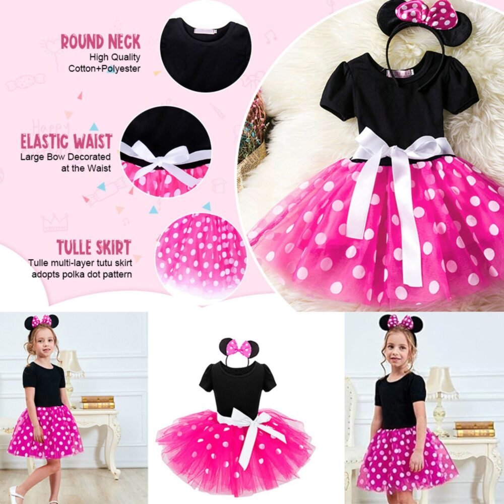Minnie Mouse Costume Girls Dress up Princess Toddler Cute Polka Dots Fancy Minnie Mouse Dresses up Bowknot Tutu Tulle Cosplay Birthday Party Baby Girl Costume pink colour no headband - Image 2