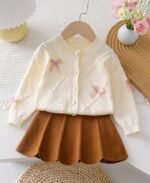 2 pc Baby Girl Bow Decor imported Knitted Cardigan And Knitted Skirt Set Fall Winter