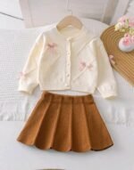 2 pc Baby Girl Bow Decor imported Knitted Cardigan And Knitted Skirt Set Fall Winter - Image 4