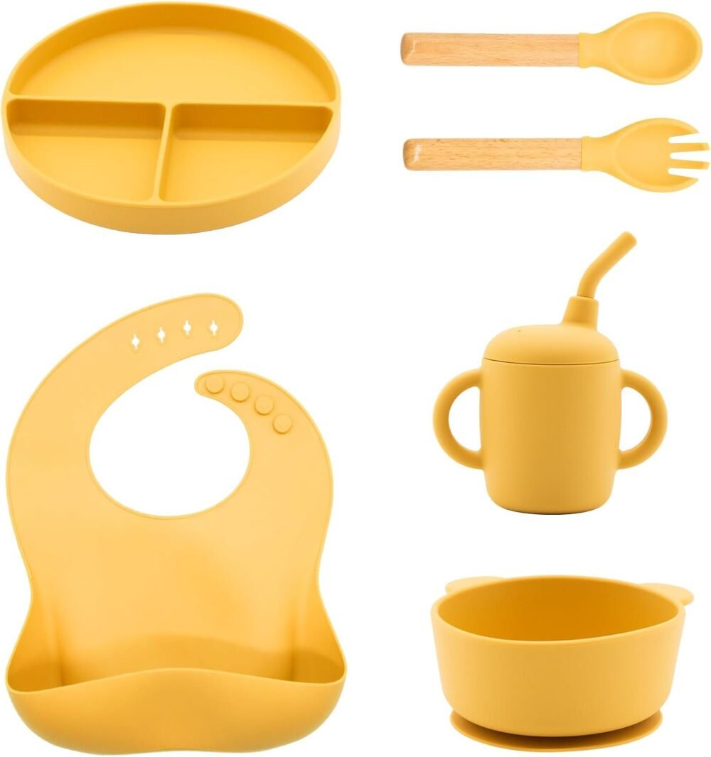 Silicone Baby Feeding Set Baby Led Weaning Utensils Set Includes Suction Bowl and Plate, Baby Spoon and Fork, Sippy Cup with Straw, Baby Feeding Supplies
random colours - Image 2