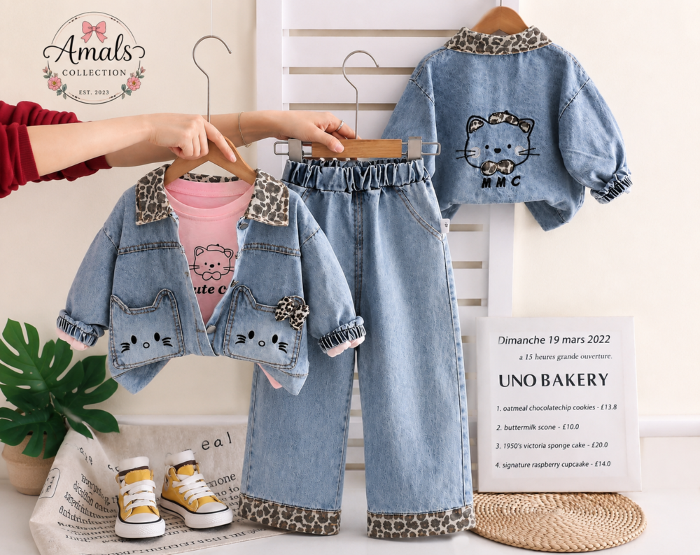 kids' three-piece casual denim set features a light-wash denim jacket with an eye-catching leopard print collar and cat-shaped pockets - Image 1