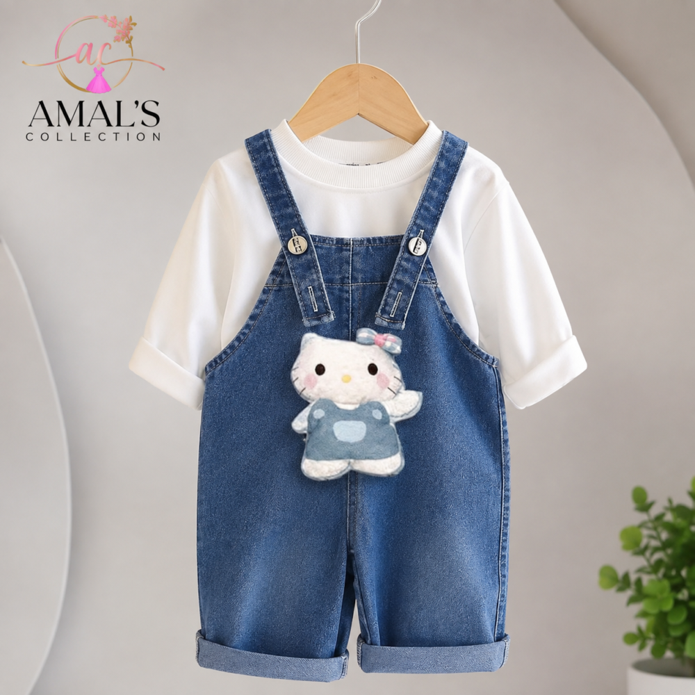 Classic 2pc blue denim baby salopet features a charming Hello Kitty plush character with white shirt - Image 1