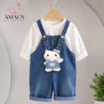 Classic 2pc blue denim baby salopet features a charming Hello Kitty plush character with white shirt