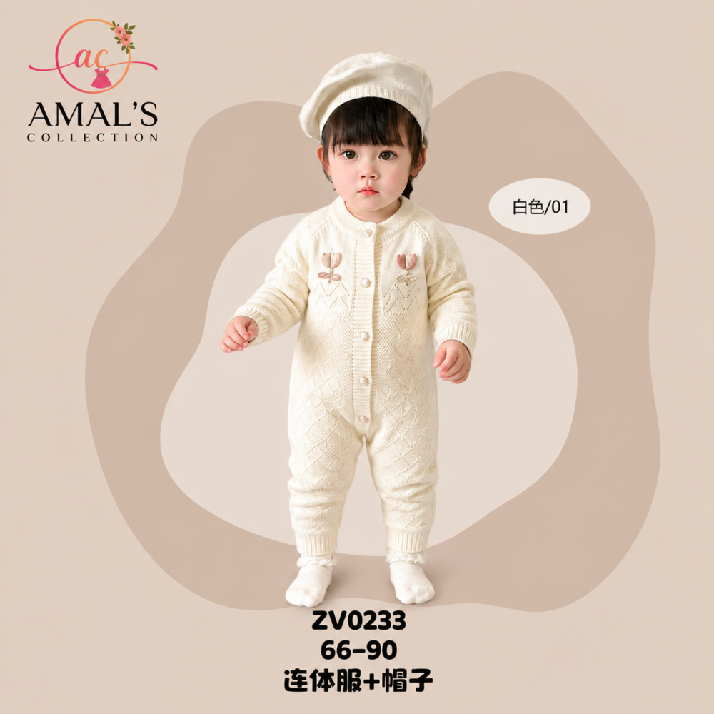 Cozy Knit Baby Romper
Soft & warm knitted romper, perfect for your little one.
Romper with beret cap  included - Image 1