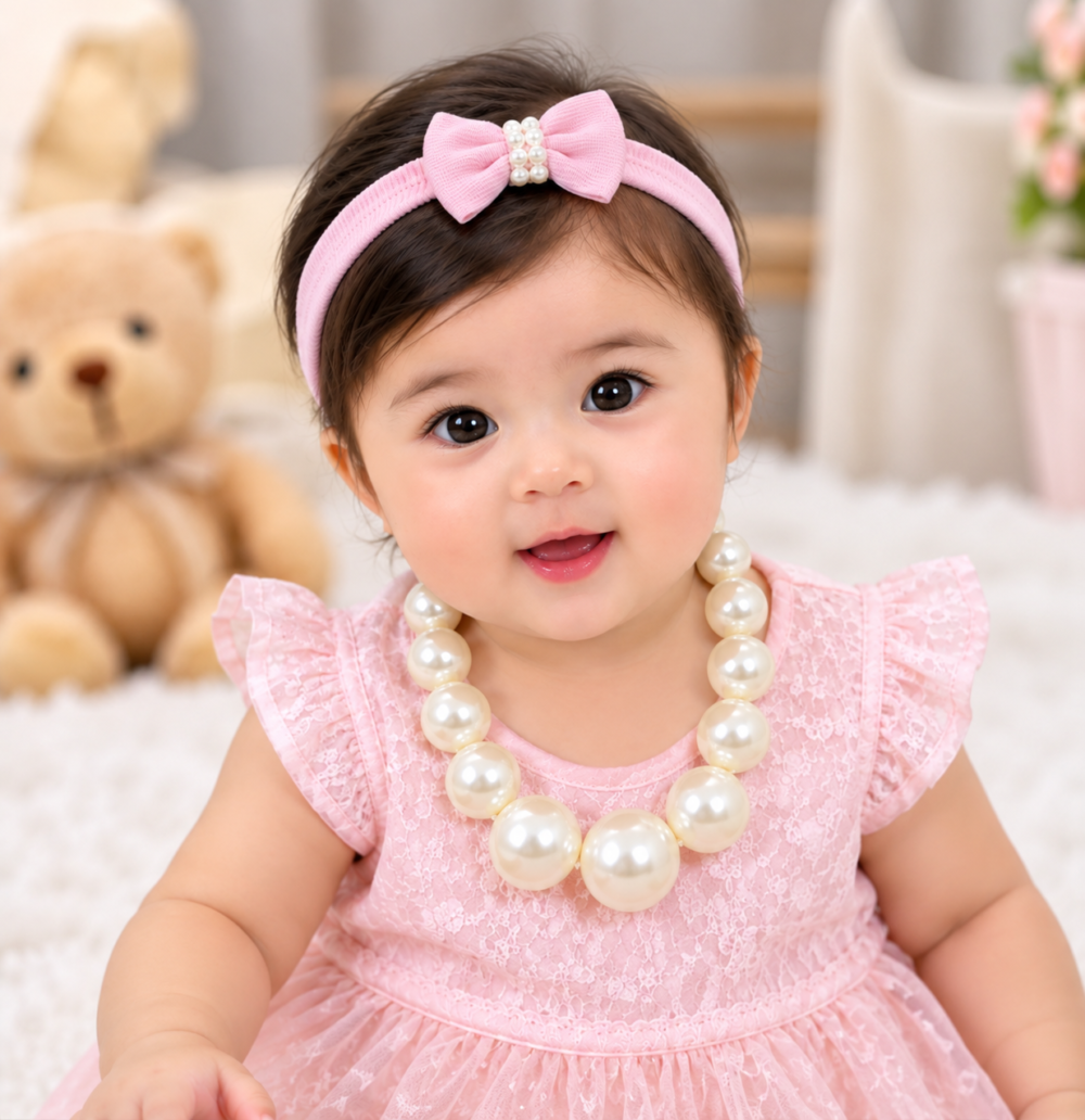 Oversized pearl bow necklace / mala for kids baby girl white pearl - Image 1