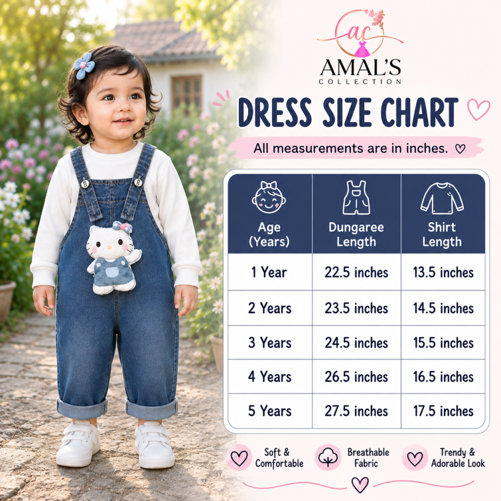 Classic 2pc blue denim baby salopet features a charming Hello Kitty plush character with white shirt - Image 2