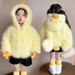 1peice Unisex fluffy yellow duck-themed plush boa jacket for kids with cute orange duck feet