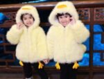 1peice Unisex fluffy yellow duck-themed plush boa jacket for kids with cute orange duck feet - Image 2