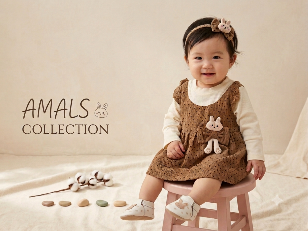 1peice Charming brown polka-dot corduroy pinafore dress set  Kids featuring an adorable bunny and bow accent paired with a cream long-sleeve top - Image 2