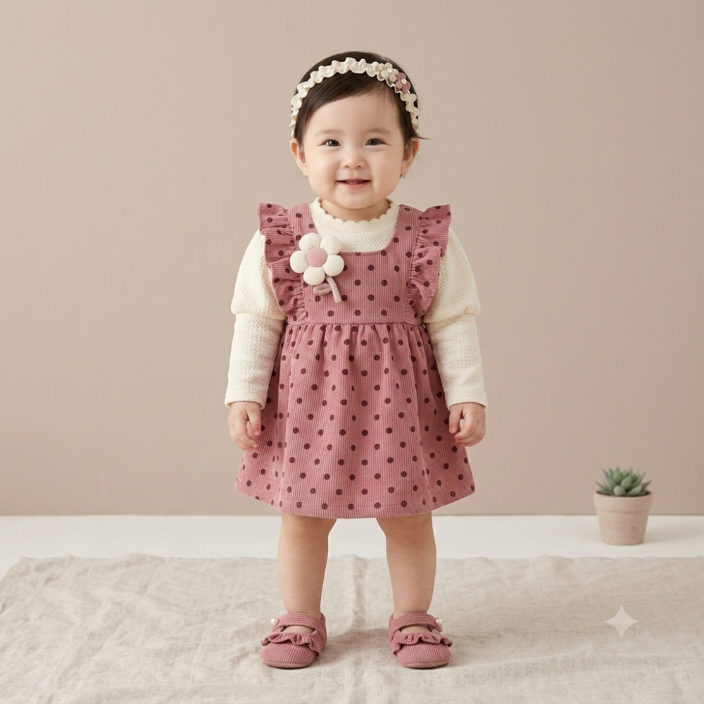 1 peice Baby Corduroy Pinafore Polka Dot Dress Frock for girls - Image 2