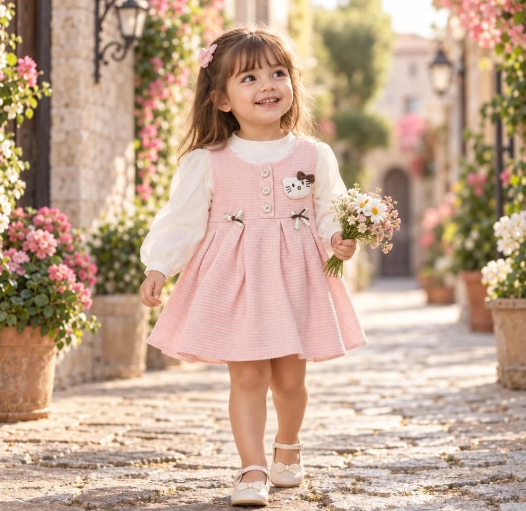 2026/09/1000258618.jpg Girls kitty Applique Frock & Shirt 2pc Set - Image 1