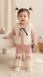 2peice Baby girl furry bow style knitted dress