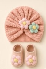 Flower Knit Baby Turban & Booties Set size 0-2years - Image 5