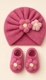 Flower Knit Baby Turban & Booties Set size 0-2years - Image 2