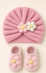 Flower Knit Baby Turban & Booties Set size 0-2years - Image 4