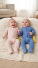 imported ribbed knit, these footed rompers feature fold-over cuffs and an easy-zip design with mittens 2 pcs - Image 2