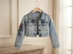 stylish light-wash  denim shortbody  jacket featuring playful sleeve graphics and a button-up front, perfect for your little trendsetter